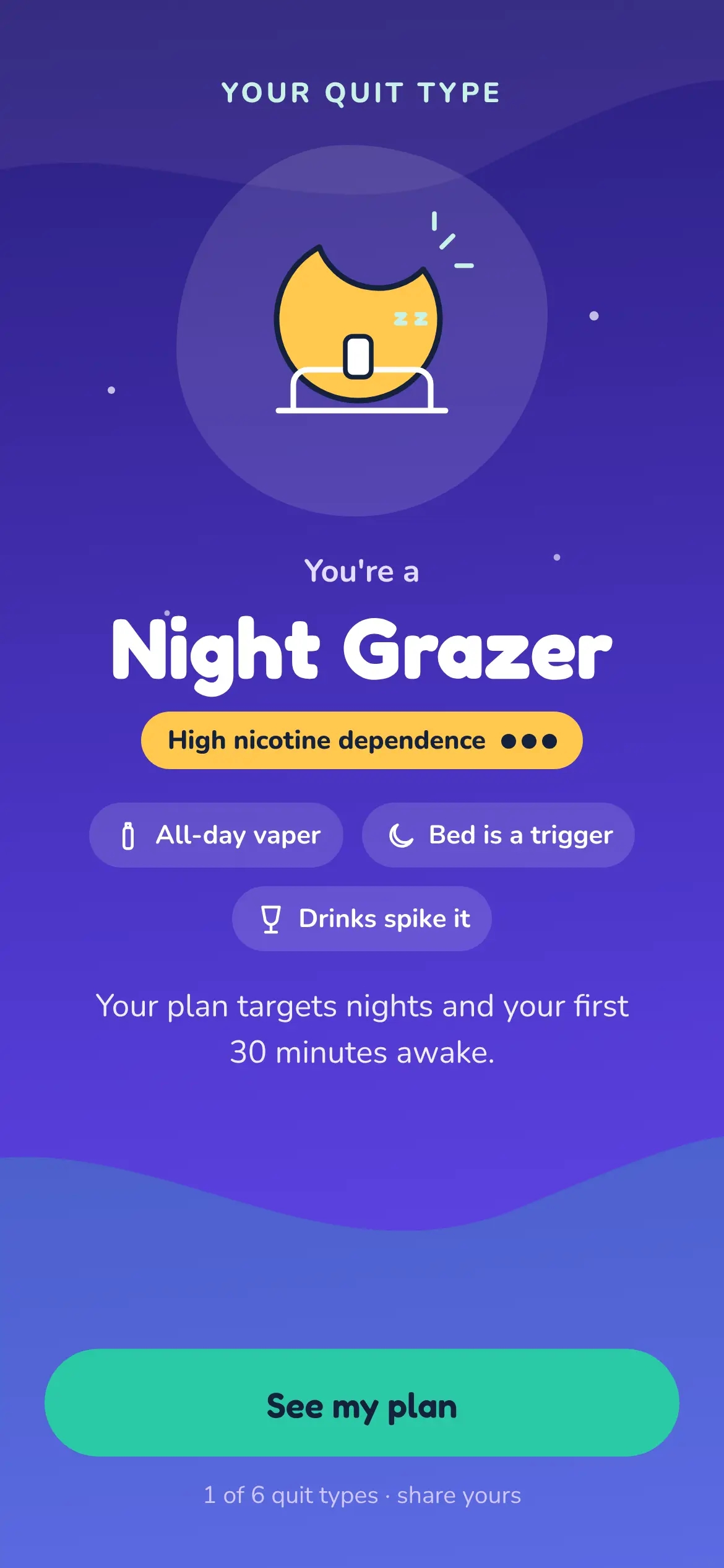 Quit type reveal screen reading "You are a Night Grazer" with the triggers that come with it.