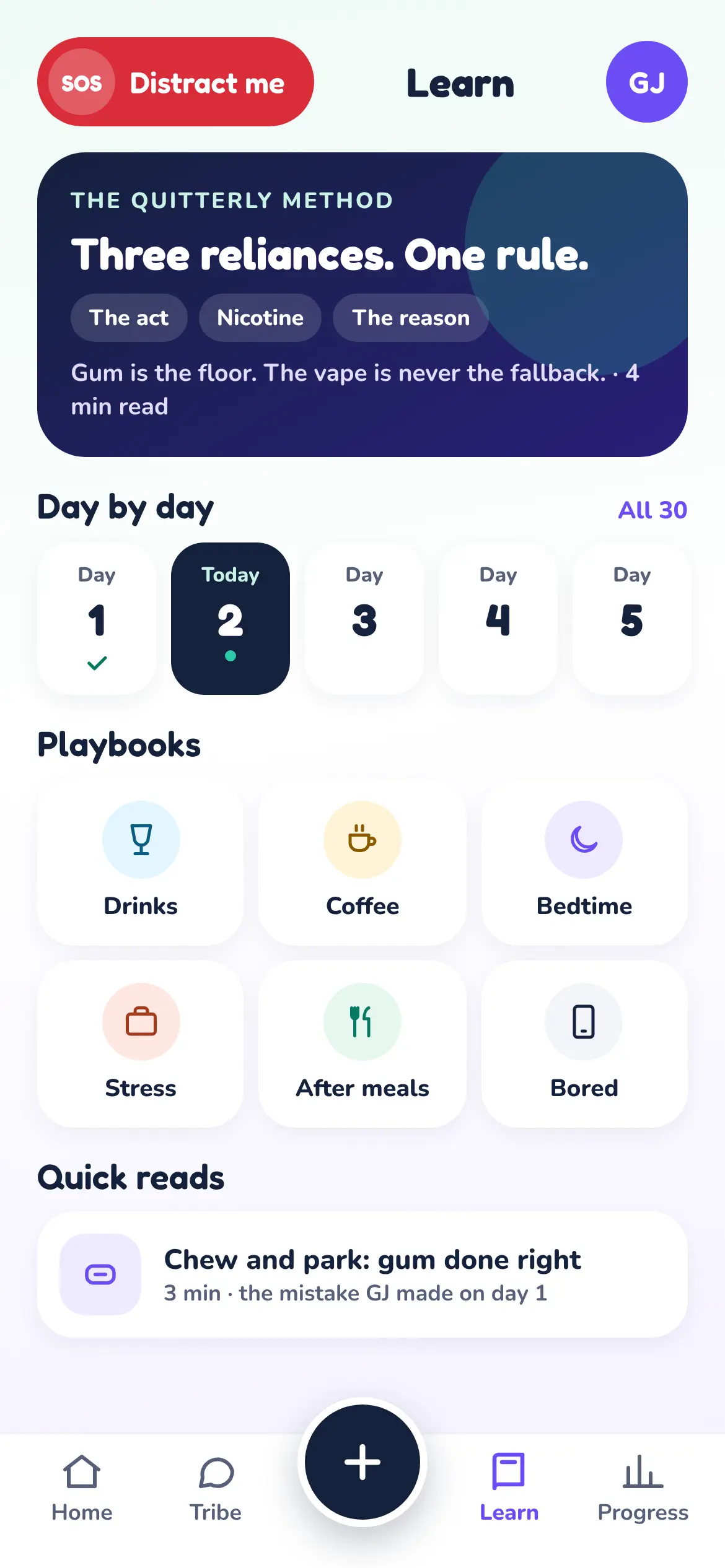 Learn screen with the Quitterly method, a day by day guide and playbooks for drinks, coffee, bedtime, stress, after meals and boredom.