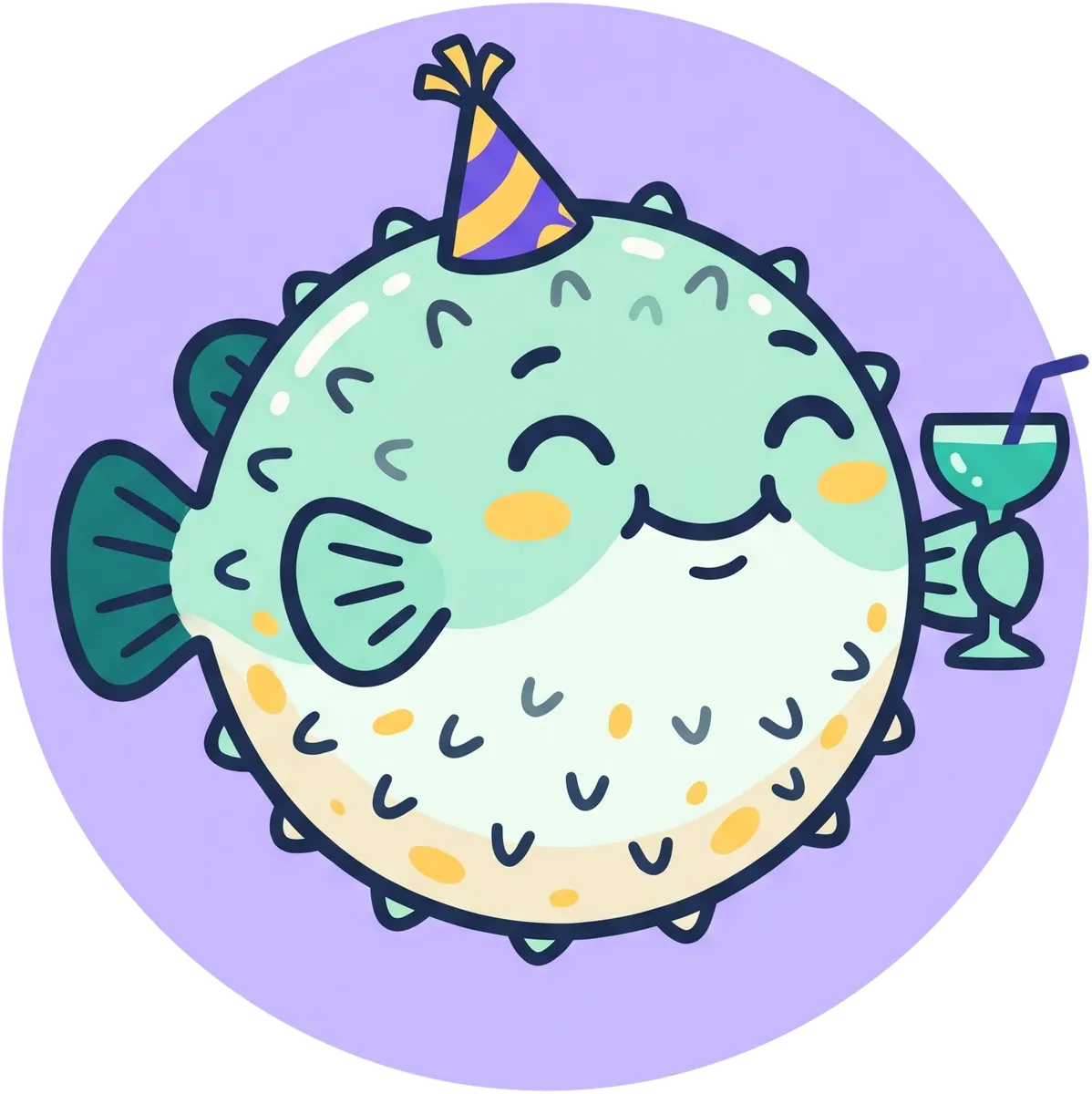 Social Puffer mascot: a pufferfish in a party hat with a drink