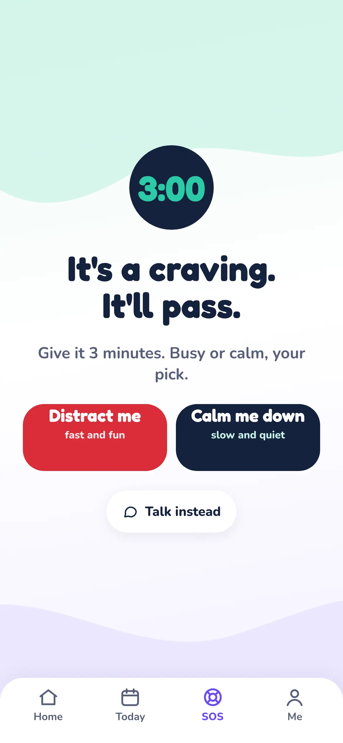 SOS screen with a 3 minute countdown reading "It is a craving. It will pass." and two options, distract me or calm me down.